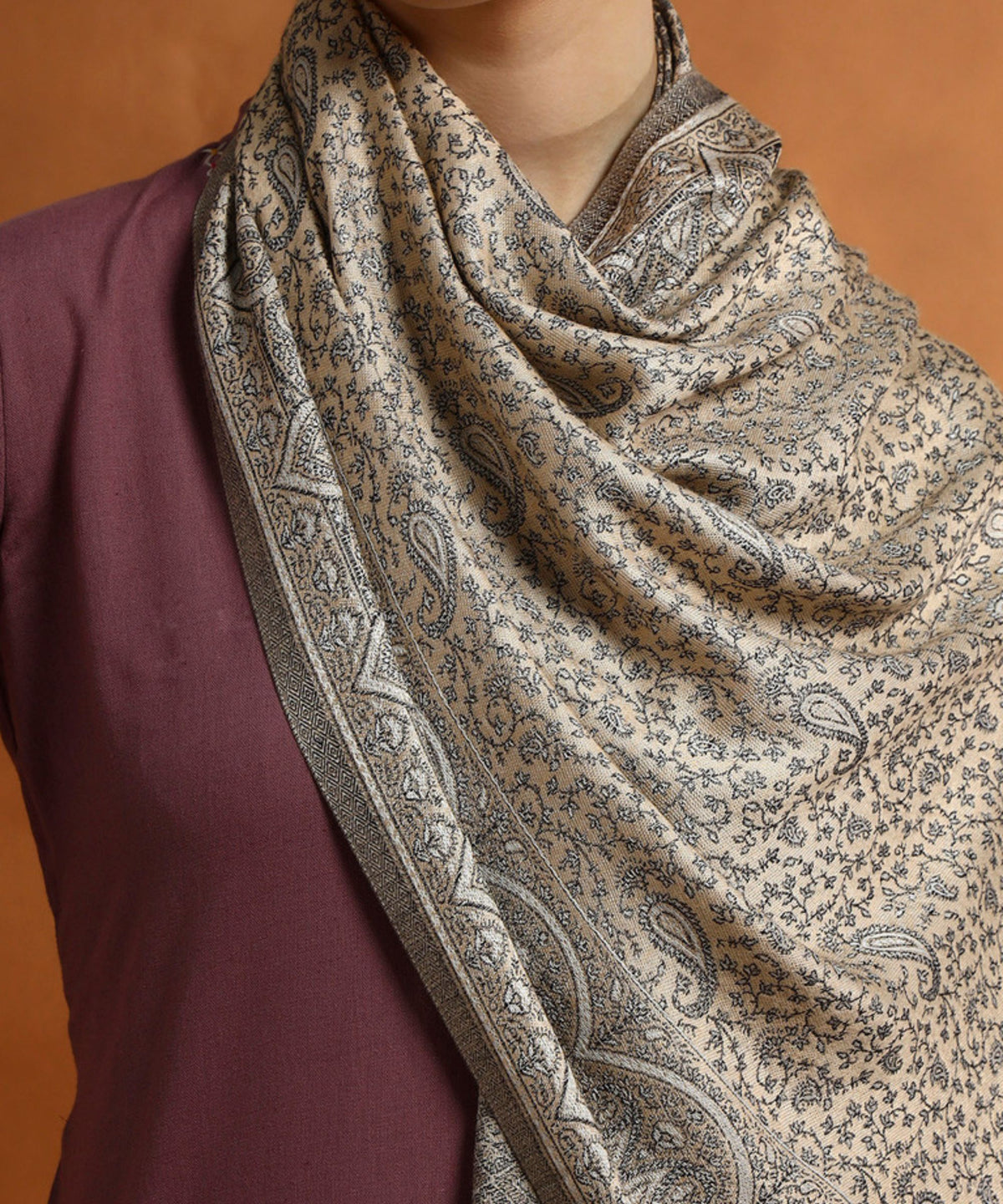 Kanidar- Women's Silken Stole| All Over Badami Jall Traditional Kashmiri Style (Add Box with Additional Cost)