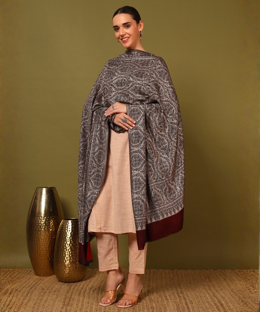 Kanidar- Women's Barik All Over silken Kashmiri Jamdani Shawl