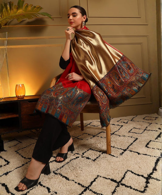 Kanidar- Rversible Mughal Palla Stole With one Side Shimmer and One side Wool