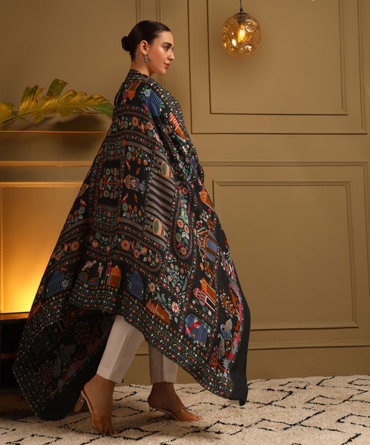 Kanidar- Pure Wool Bird Garden Designer Shawl For Special Occassions