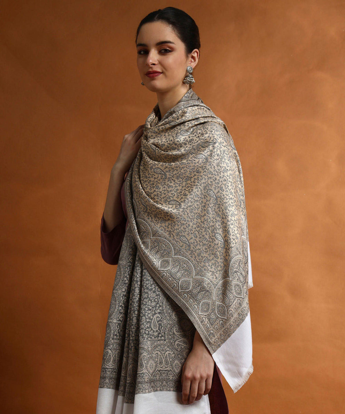 Kanidar-  Women's Silken Stole| All Over Badami Jall Traditional Kashmiri Style (Add Box with Additional Cost)