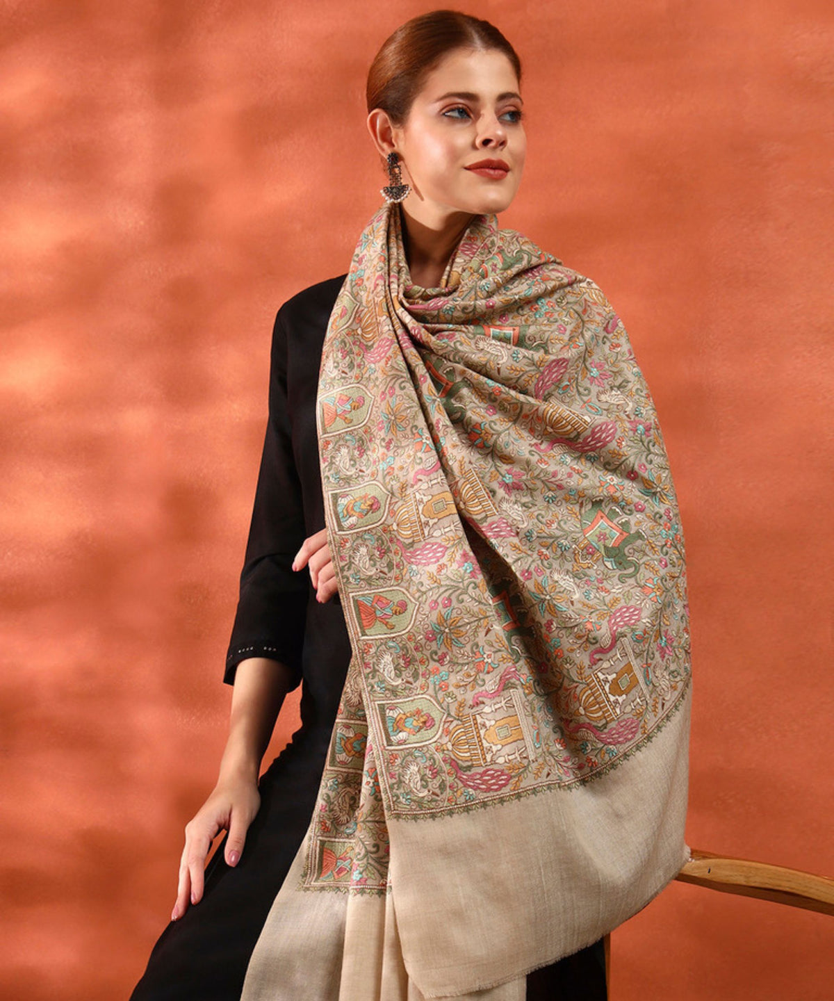 Kanidar- Kalamkari Peacock Special Pashmina Wool Jama Jall Free special Box