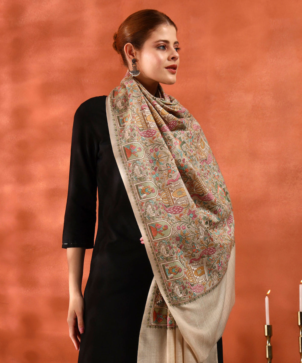 Kanidar- Kalamkari Peacock Special Pashmina Wool Jama Jall Free special Box