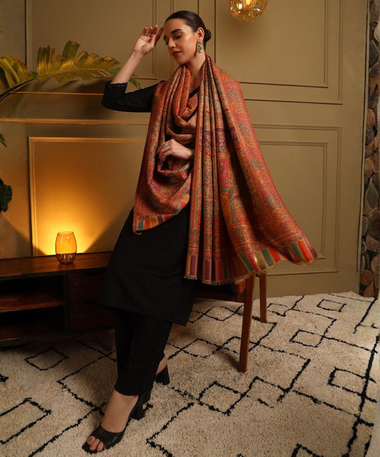 Kanidar- Rversible Mughal Palla Stole With one Side Shimmer and One side Wool