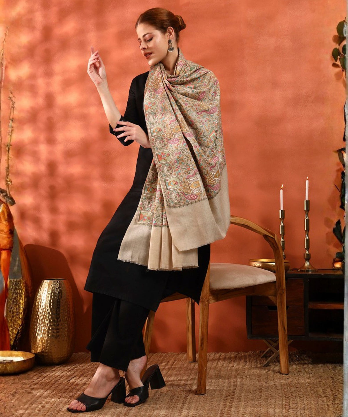 Kanidar- Kalamkari Peacock Special Pashmina Wool Jama Jall Free special Box